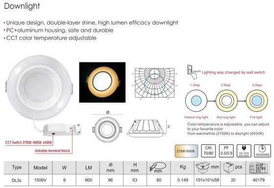 100lm/w 3-Step 2700K-6500K Интерьерное освещение Муаре Recesseini Трек Стенный мойщик Прожектор Led Downlight Ceiling Recessed Cob Down Light