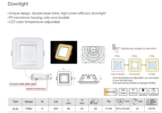 100lm/w 3-Step 2700K-6500K Интерьерное освещение Муаре Recesseini Трек Стенный мойщик Прожектор Led Downlight Ceiling Recessed Cob Down Light