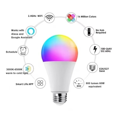 15000 часов рабочего времени Tuya Smart LED Bulb с многоцветным RGBCW и BT Control